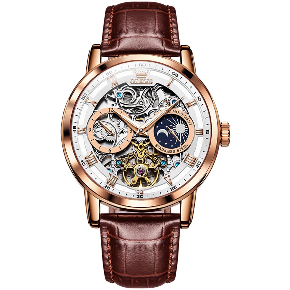 OLEVS 6670P Leather Skeleton Moon Phase Watch for Men