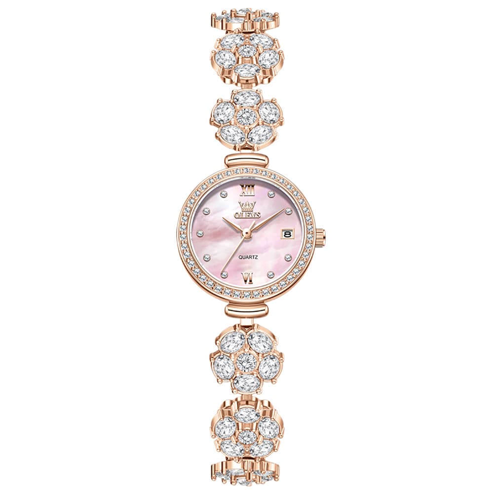 OLEVS Women Spinning Flower Watch Peach Blossom Crystal Mother of Pearl Date Quartz 5638