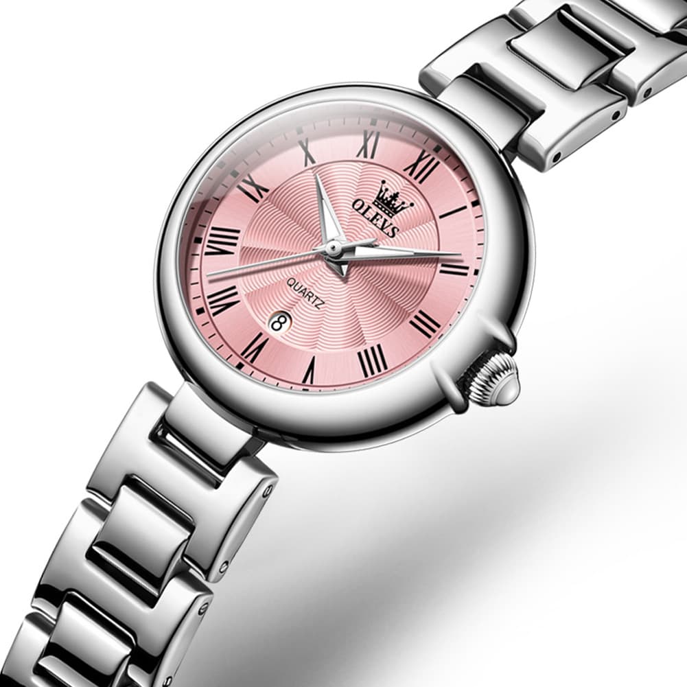 OLEVS Women Roman Numeral Dress Watch Sunray Dial Stainless Steel Date Quartz 5608
