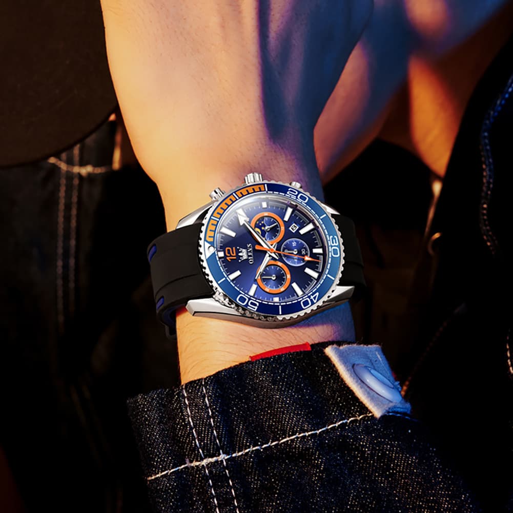 OLEVS 9916 Silicone Strap Moon Phase Chronograph Watch for Men