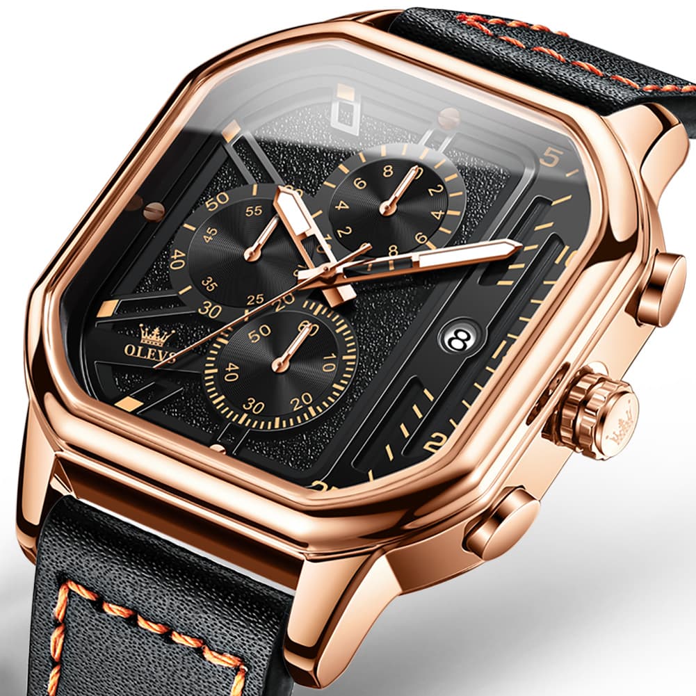 OLEVS 9950 Octagonal Case Chronograph Leather Watch for Men