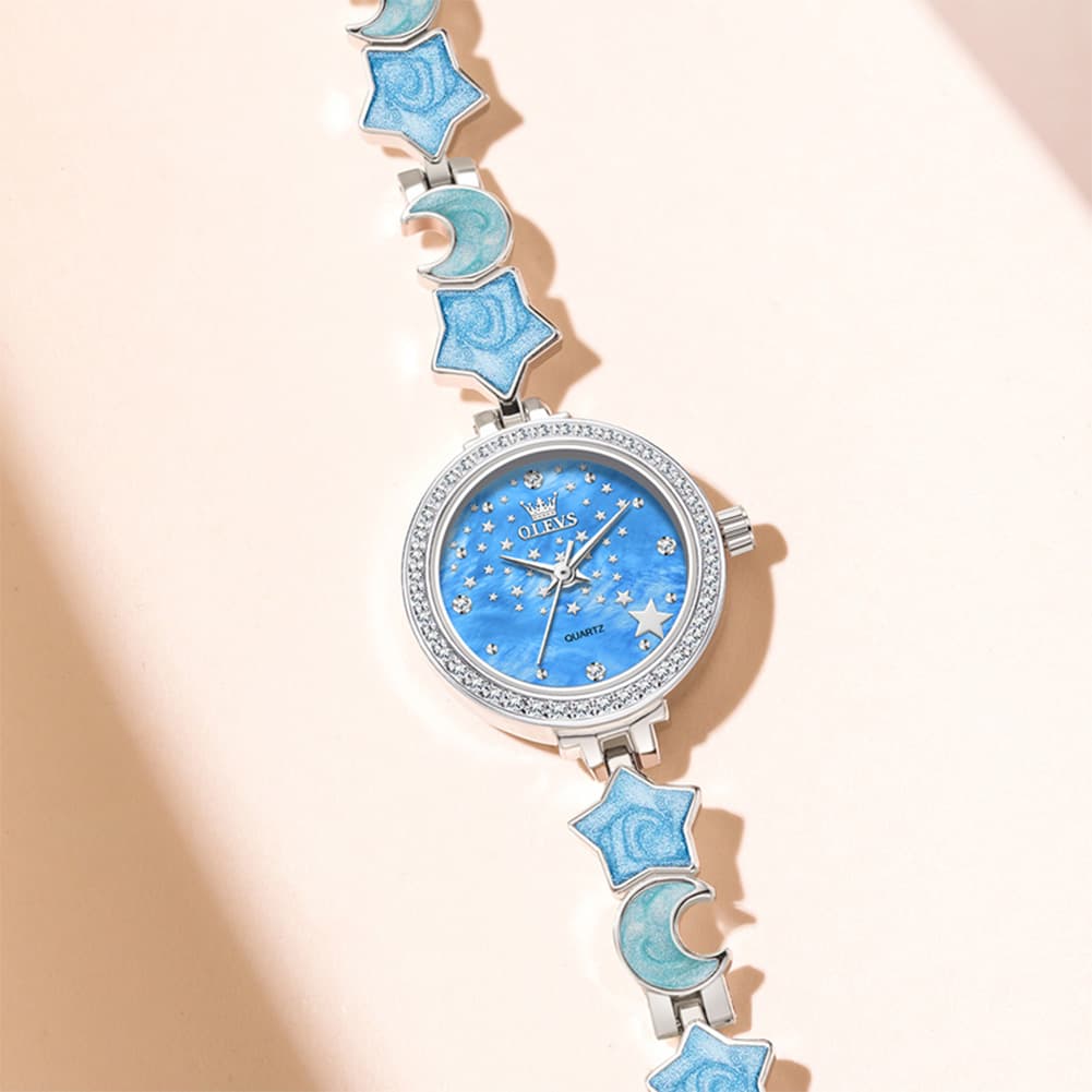 OLEVS 5665 Star Moon Bracelet Watch Mother of Pearl Starry Dial Quartz Jewelry Timepiece for Women