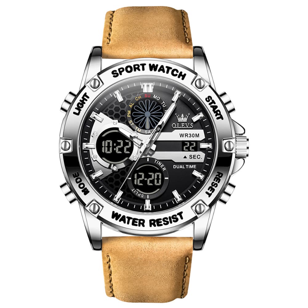 OLEVS 1110 Rugged Dual Display Leather Sport Watch for Men