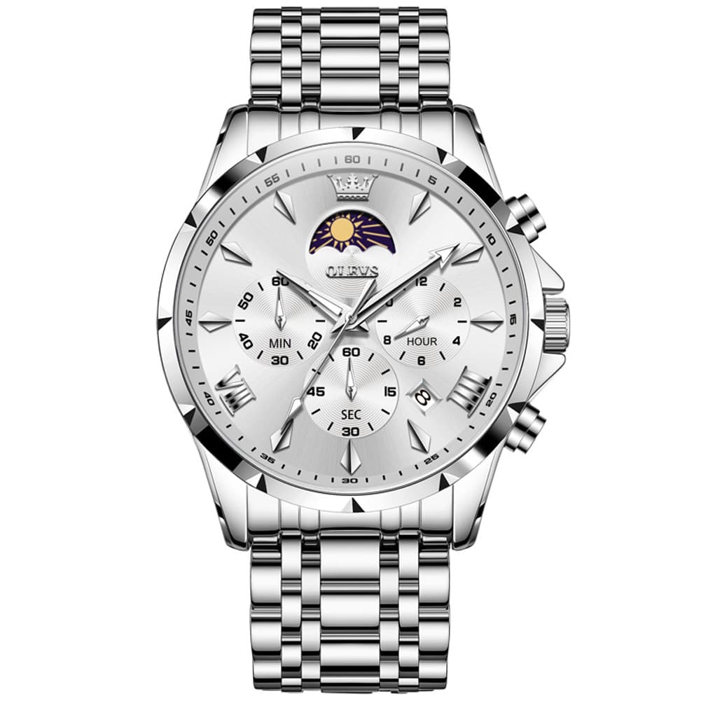 OLEVS 3653 Chronograph Moon Phase Sporty Dial Stainless Steel Watch For Men