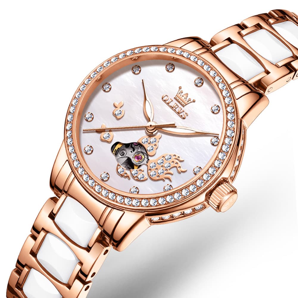 OLEVS 7001 Koi Skeleton Ceramic Mechanical Watch for Women