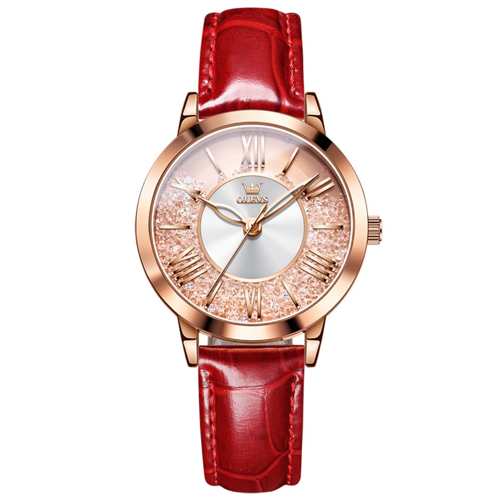 OLEVS Flowing Quicksand Crystal Dress Watch for Women Leather Strap 5539