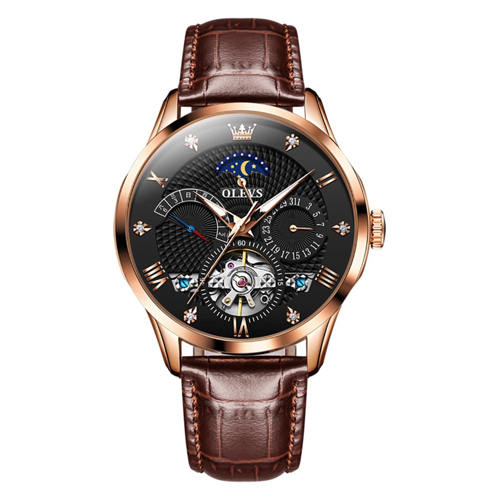 OLEVS 6652 Leather Mechanical Moon Phase Watch for Men