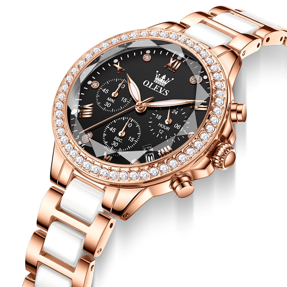 OLEVS 9999 Diamond Bezel Chronograph Ceramic Watch for Women