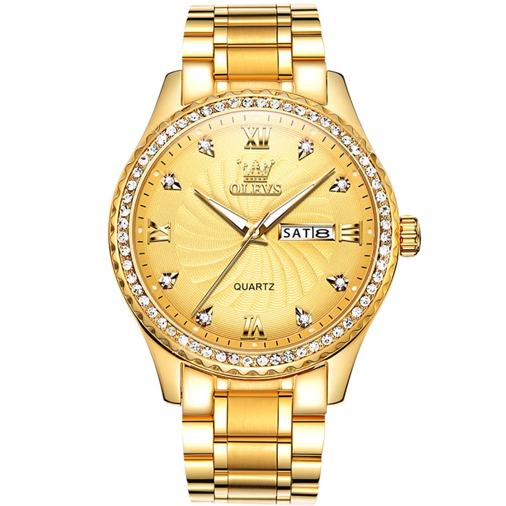 OLEVS Men Diamond Bezel Watch Two Tone Stainless Steel Quartz Day Date 5565