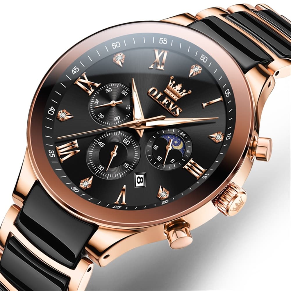 OLEVS 7004 Moon Phase Chronograph Watch Ceramic Link Bracelet Quartz Luxury Timepiece for Men