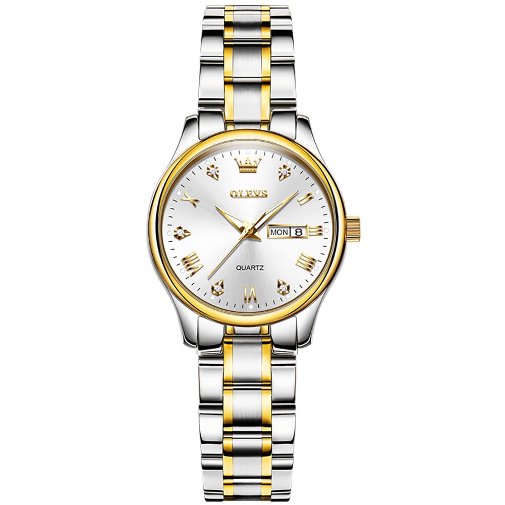 OLEVS Women Diamond Dress Watch Two Tone Stainless Steel Quartz Day Date 5563