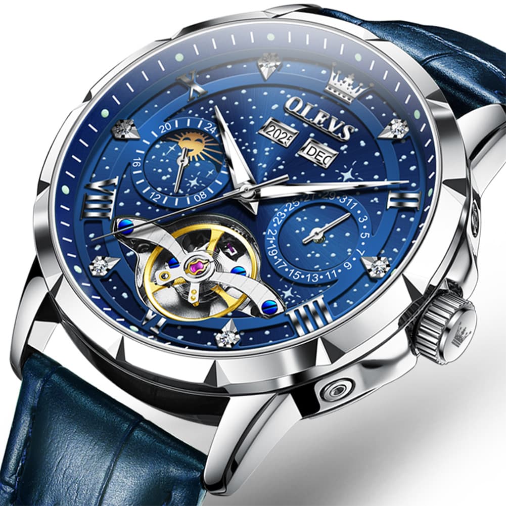 OLEVS 6690 Automatic Skeleton Starry Sky Steel Leather Watch for Men