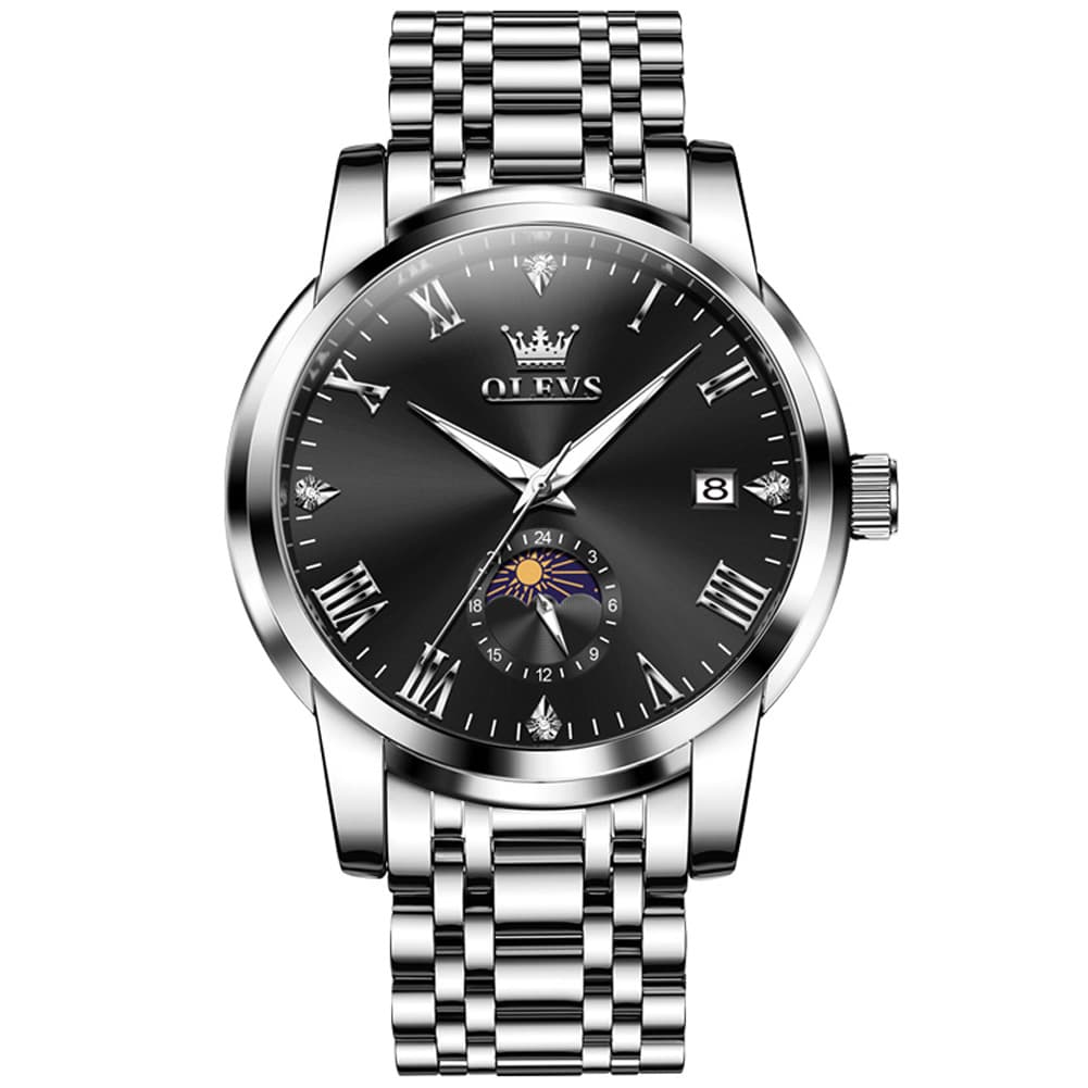 OLEVS 3656 Minimalist Moon Phase Roman Dial Stainless Steel Watch For Men