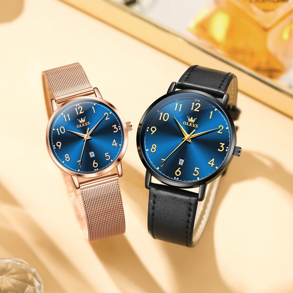 OLEVS 5653 Ultra Thin Couple Watch Milanese Mesh and Leather Strap Date Timepiece for Men and Women