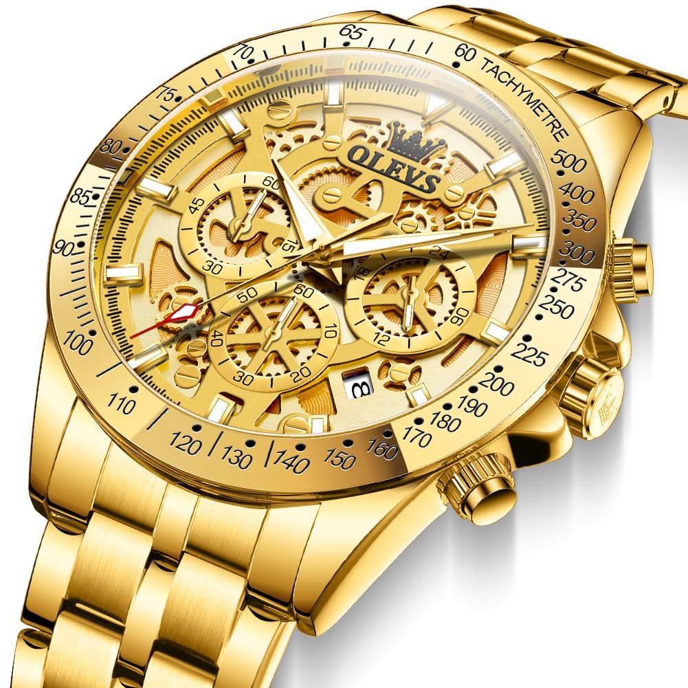 OLEVS 9913 Skeleton Dial Chronograph Gold Quartz Watch for Men