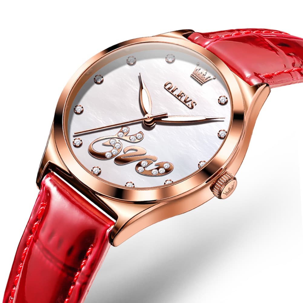 OLEVS 5581 Love Motif Diamond Watch Rose Gold Leather Strap Romantic Gift Timepiece for Women
