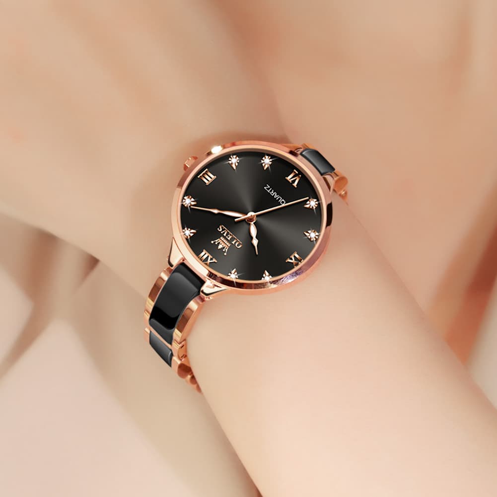 OLEVS 5872 Ceramic Bracelet Watch Rose Gold Diamond Accent Quartz Luxury Timepiece for Women