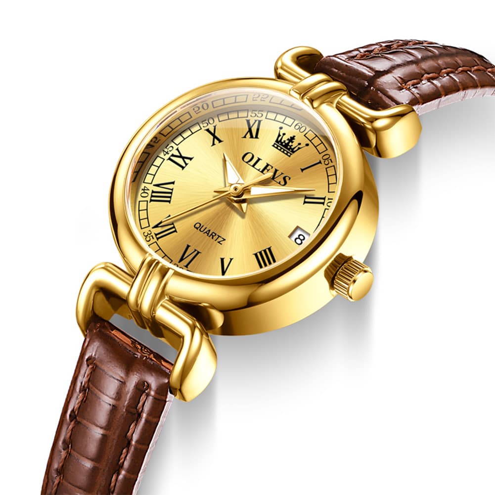OLEVS Women Vintage Dress Watch Petite 24mm Leather Strap Date Quartz 5645