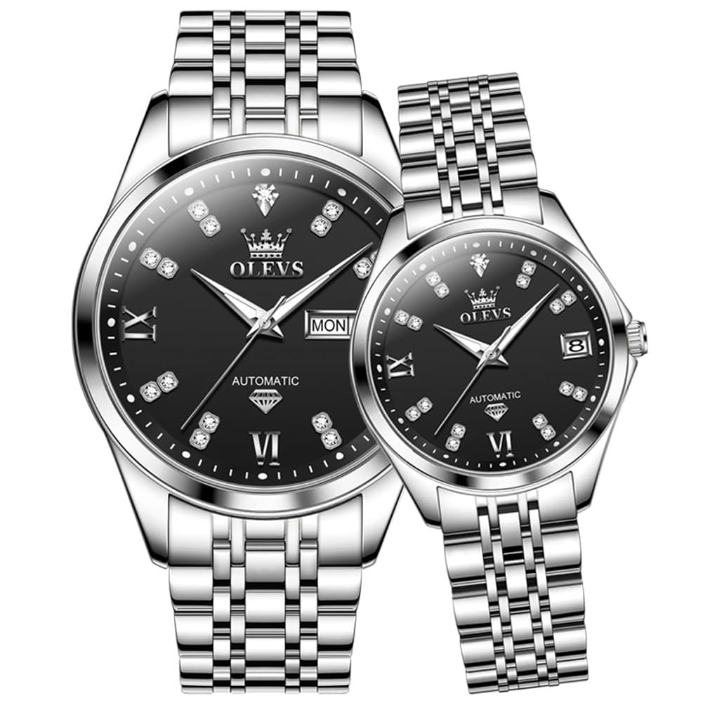 OLEVS Couple Watches Set Automatic Mechanical Diamond Dial 9801 for His and Hers
