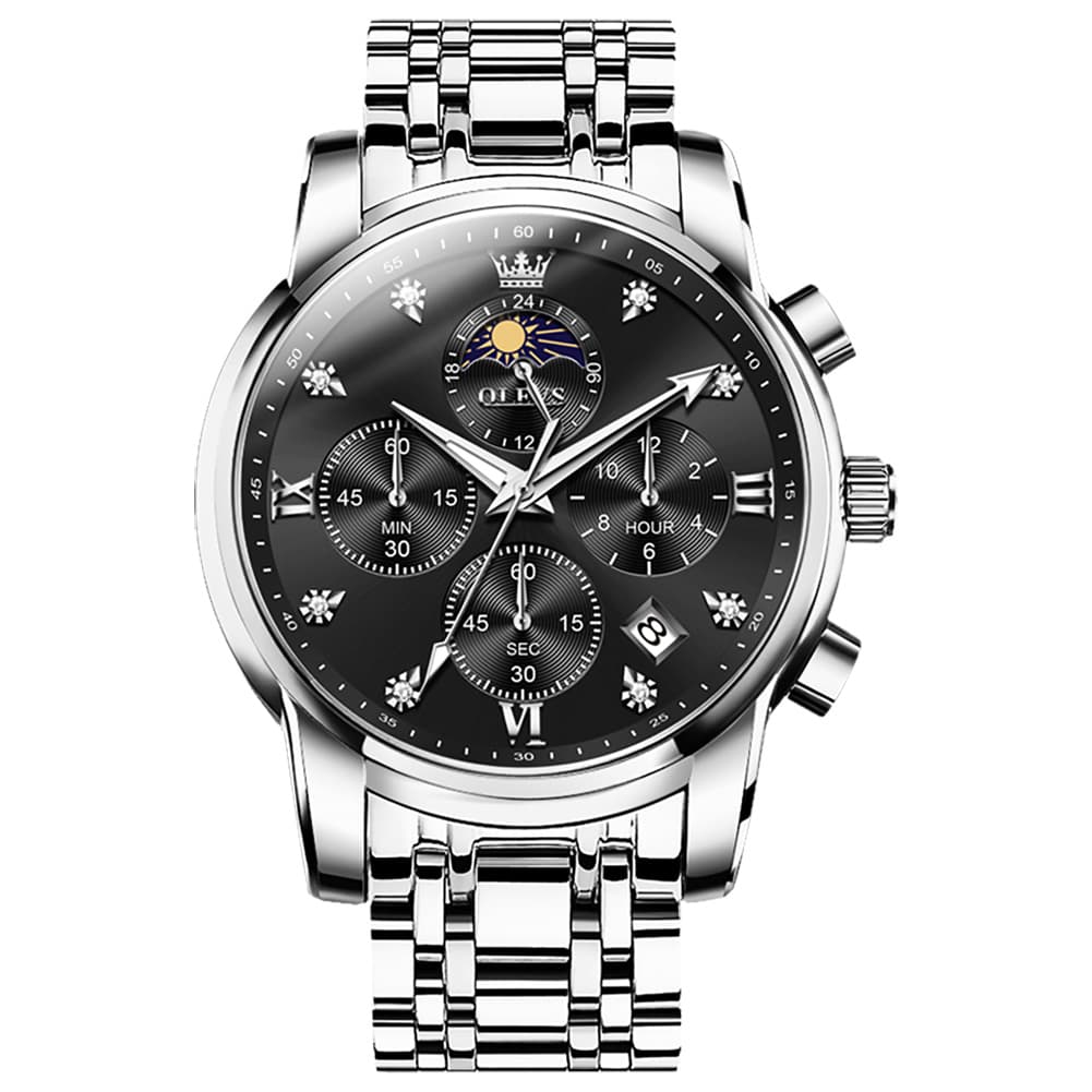 OLEVS 3655 Chronograph Moon Phase Roman Diamond Dial Stainless Steel Watch For Men