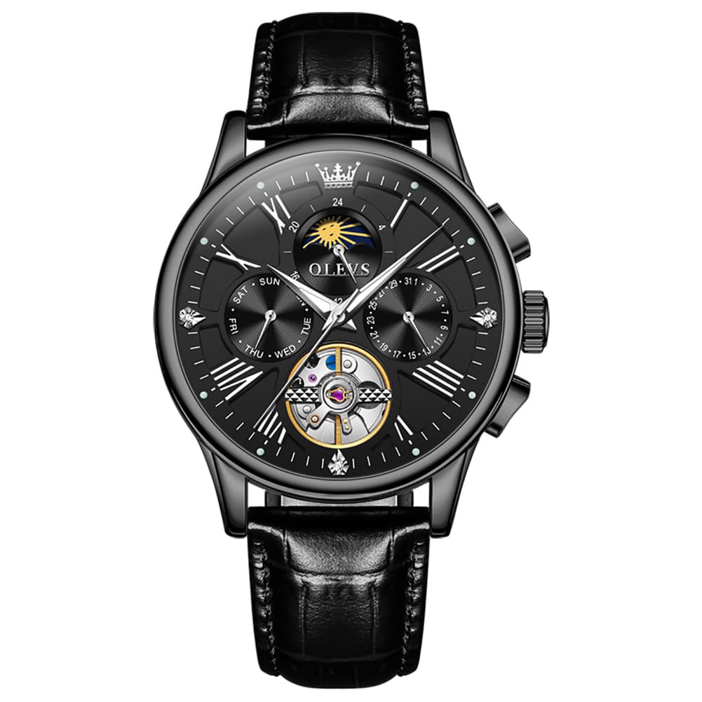 OLEVS Moon Phase Open Heart Automatic Mechanical Watch 9912 Leather Strap for Men