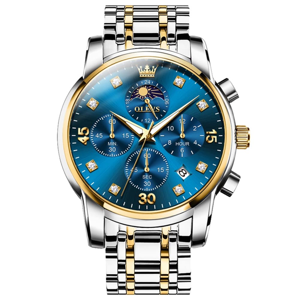 OLEVS 3652 Chronograph Moon Phase Diamond Dial Stainless Steel Watch For Men