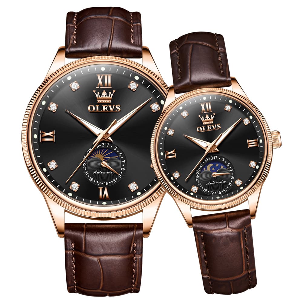 OLEVS 7039 Leather Moon Phase Couples Watch Set
