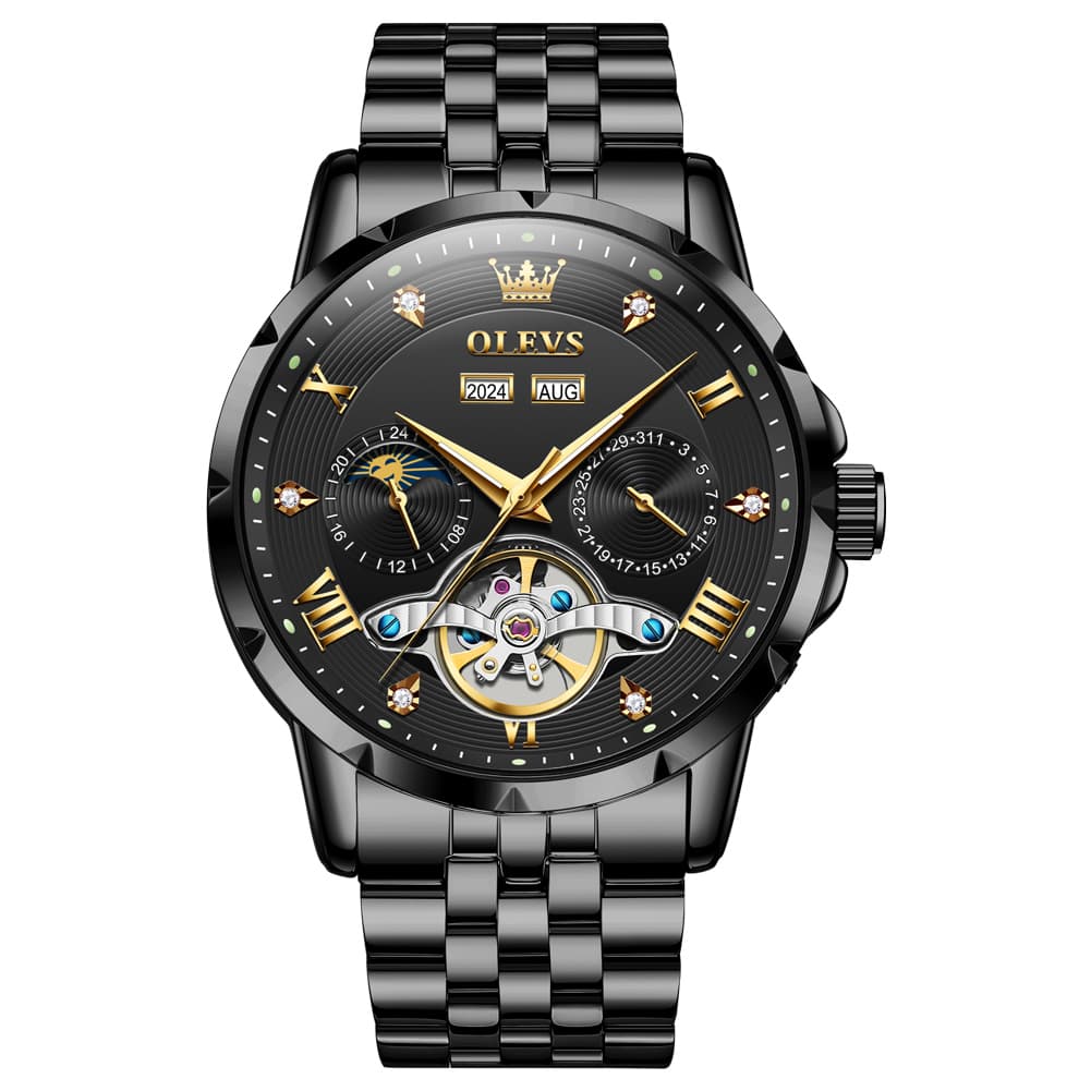 OLEVS 6691 Automatic Moon Phase Skeleton Steel Watch for Men
