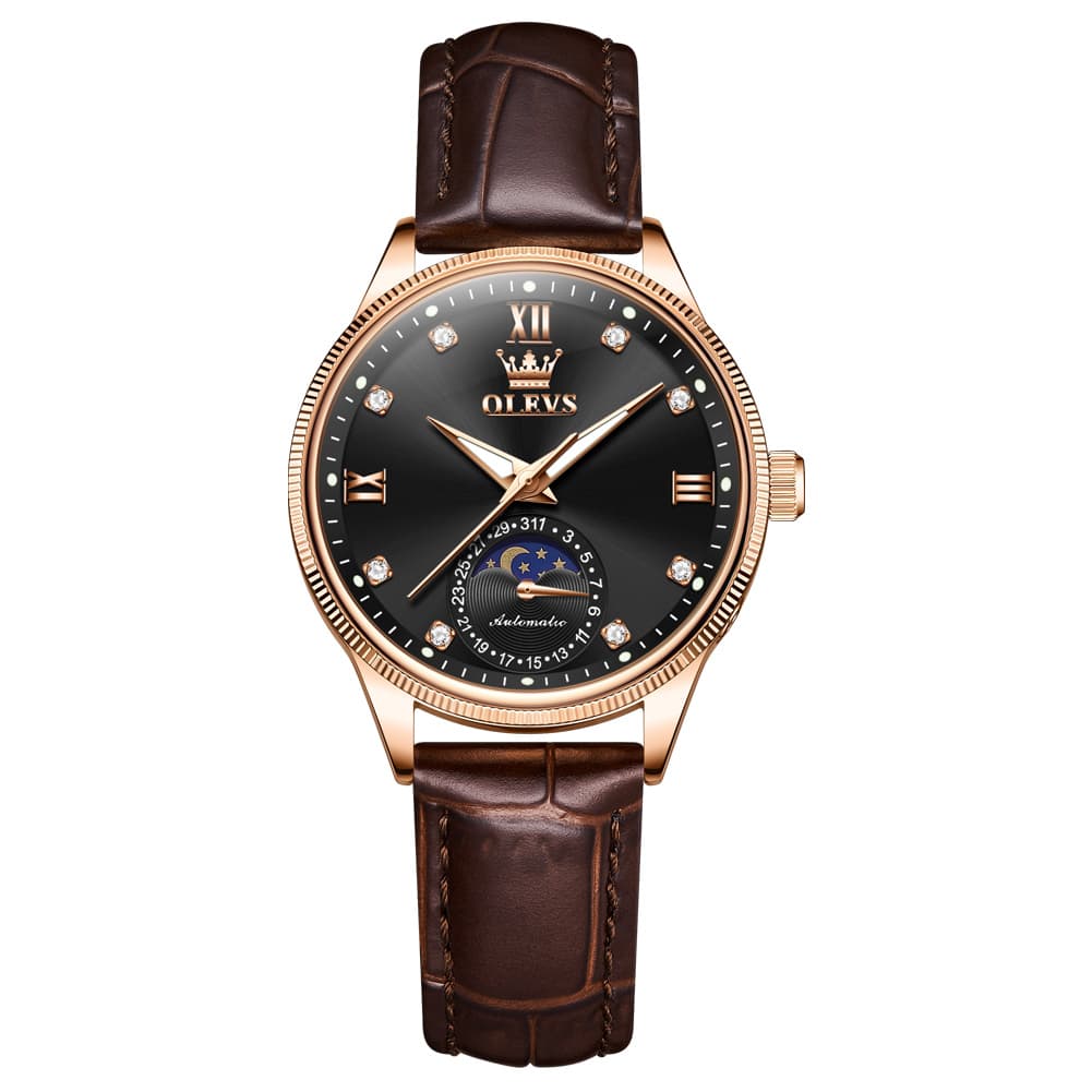 OLEVS 7039 Leather Moon Phase Mechanical Watch For Women