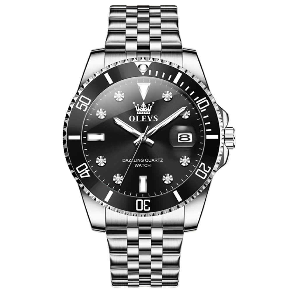 OLEVS 9809 Rotating Bezel Diamond Dial Stainless Steel Quartz Watch for Men