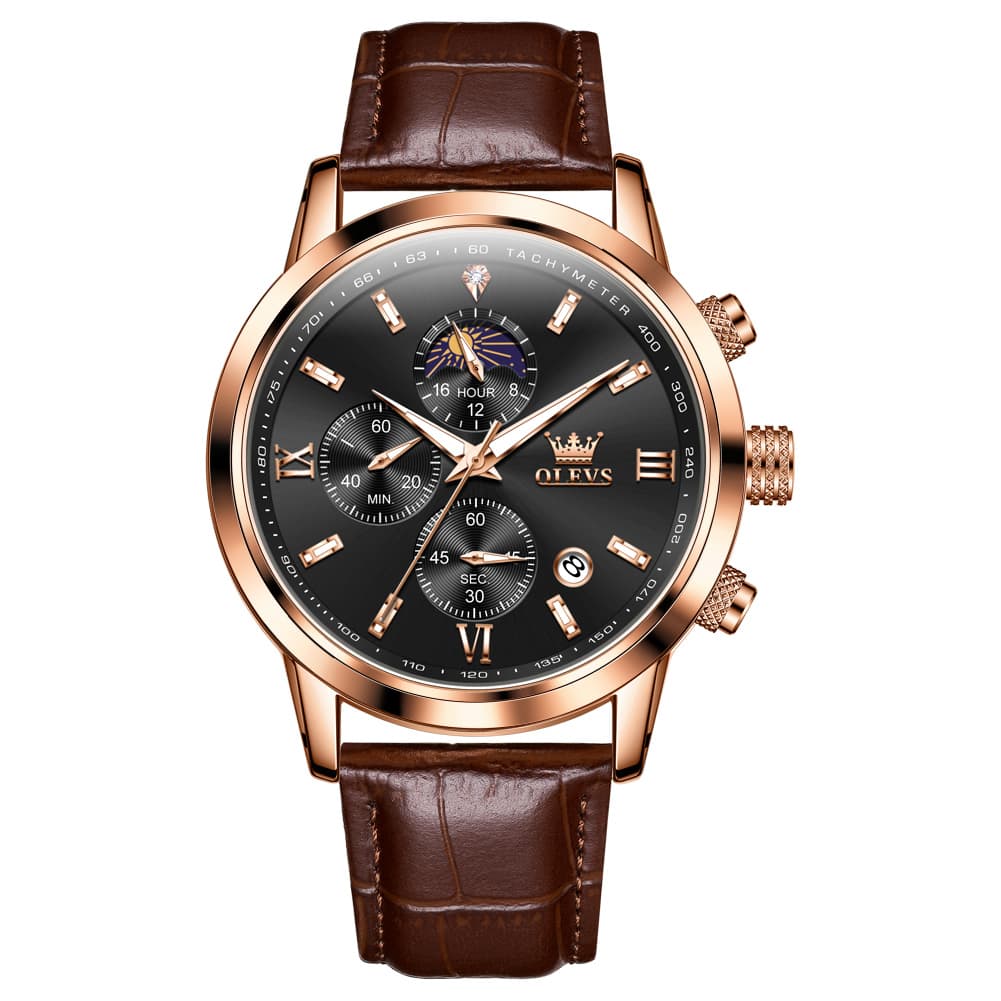 OLEVS 9812 Moon Phase Chronograph Leather Watch for Men