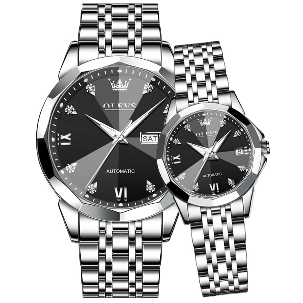 OLEVS Couple Watches 3D Diamond Cut Mirror Automatic Watch 9982 Steel Band for His and Hers