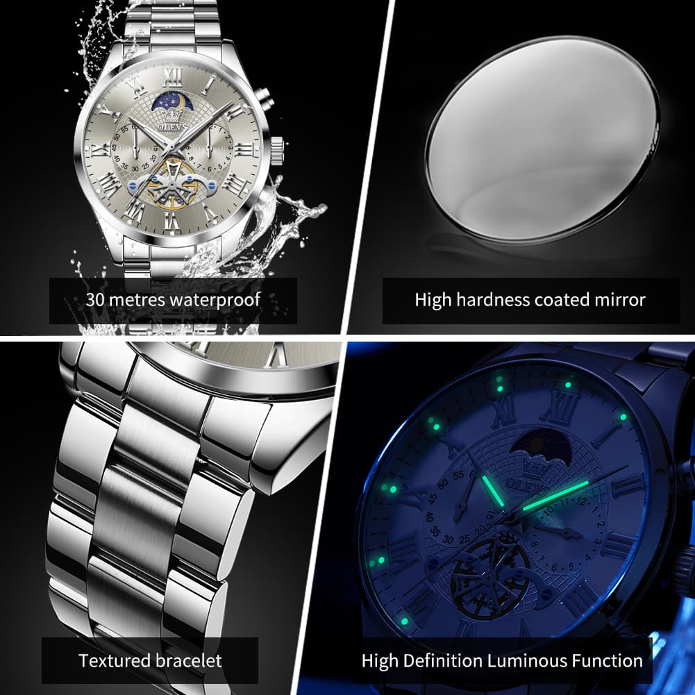 OLEVS 3640 Open-Heart Moon Phase Quartz Watch for Men