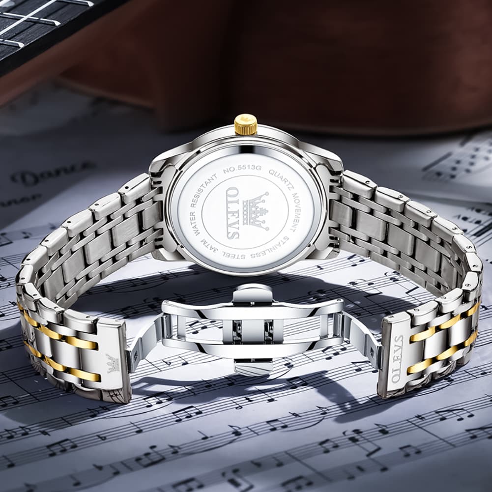 OLEVS Diamond Dial Day Date Quartz Watch 5513 Steel Band for Men