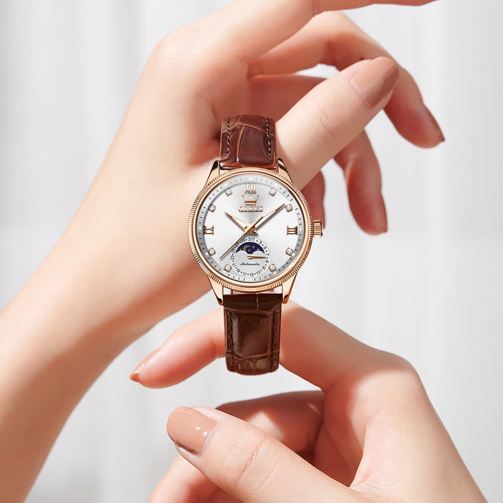 OLEVS 7039 Leather Moon Phase Mechanical Watch For Women