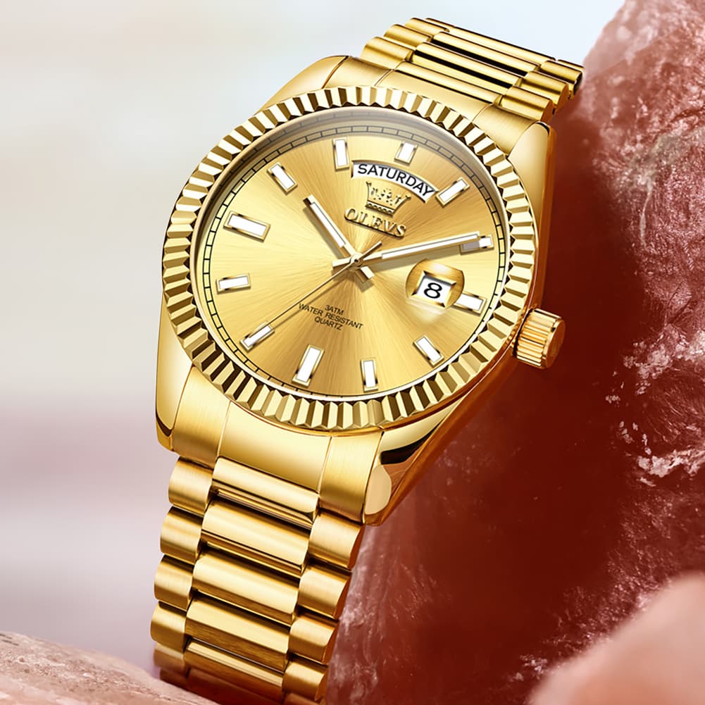 OLEVS 5650 Fluted Bezel Day Date Watch Stainless Steel Quartz Luxury Timepiece for Men