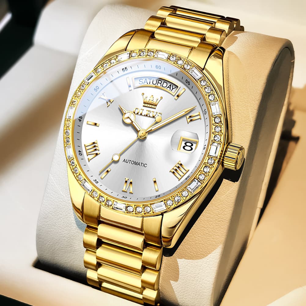 OLEVS 6747 Diamond Bezel Day Date Mechanical Watch for Men