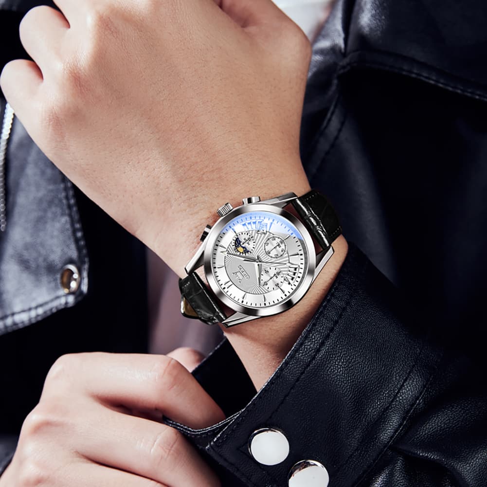 OLEVS 2876 Luxury Moon Phase Chronograph Leather Watch for Men