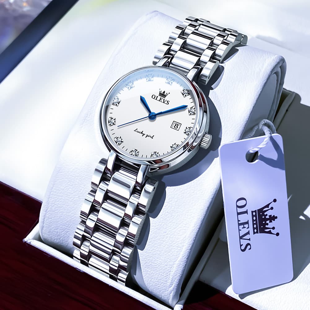 OLEVS Women Lucky Diamond Dress Watch Stainless Steel Quartz Date 5575