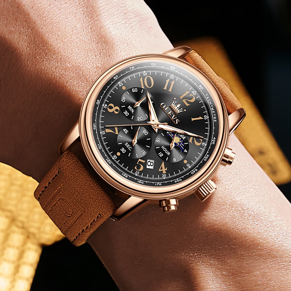 OLEVS 2912 Leather Chronograph Moon Phase Watch for Men