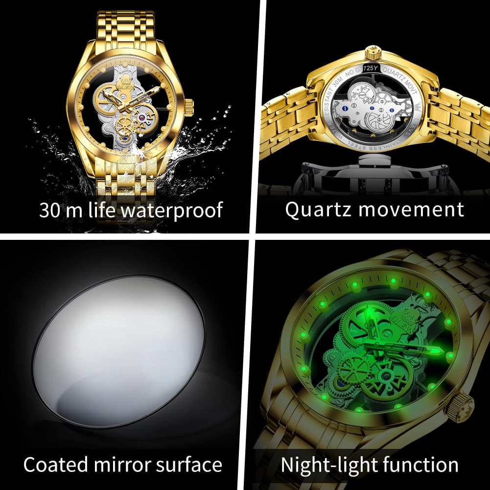 OLEVS 3725 Skeleton Luminous Quartz Watch for Men