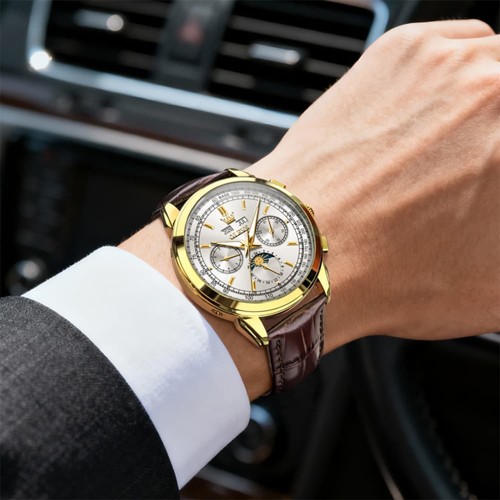 OLEVS Leather Strap Moon Phase Automatic Mechanical Watch for Men 7117