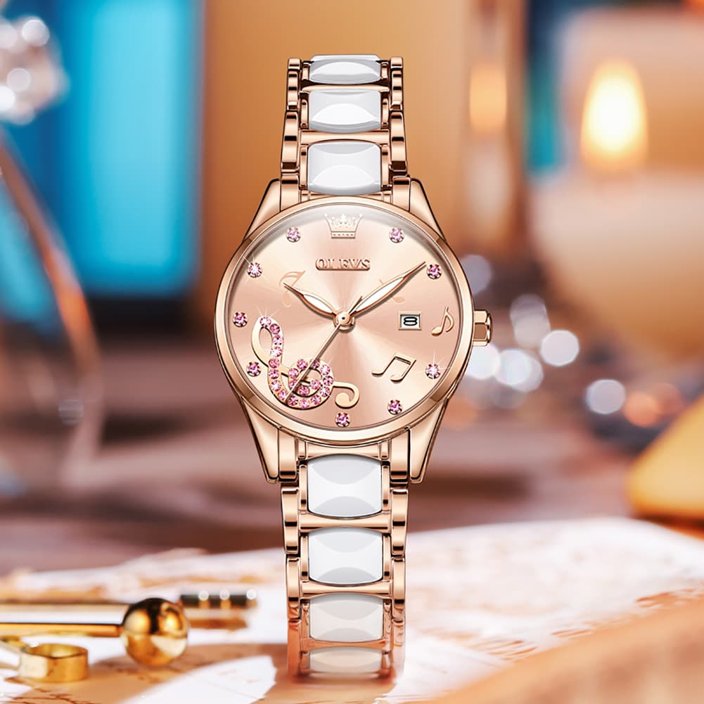 OLEVS 3605 Ceramic Musical Note Quartz Watch for Women