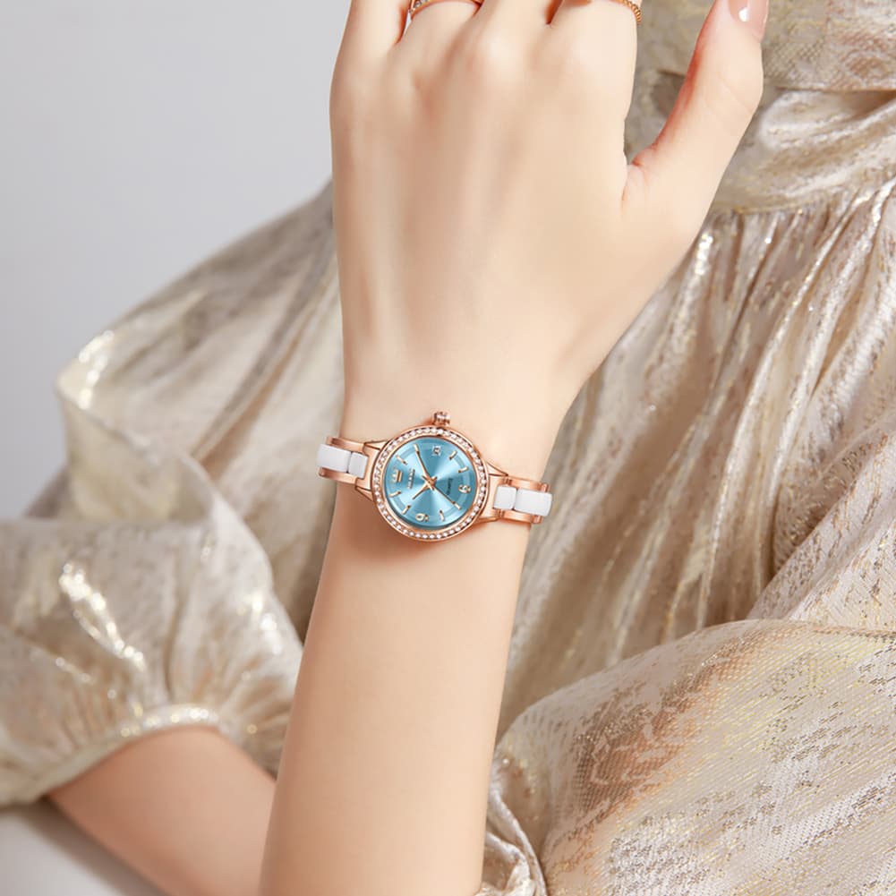 OLEVS 7093 White Ceramic Watch Women Dainty Diamond Bezel Date Quartz Jewelry Timepiece