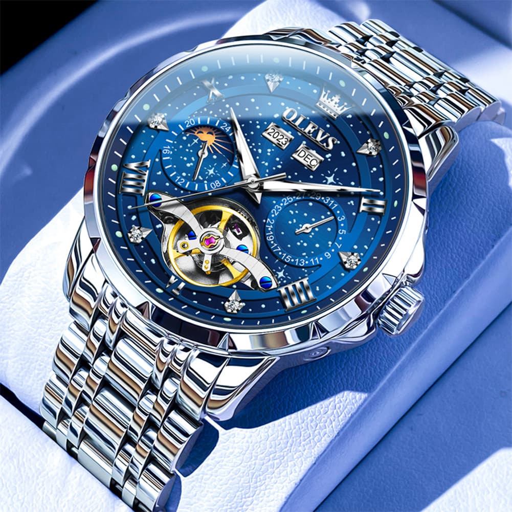 OLEVS 6690 Automatic Skeleton Starry Sky Steel Leather Watch for Men