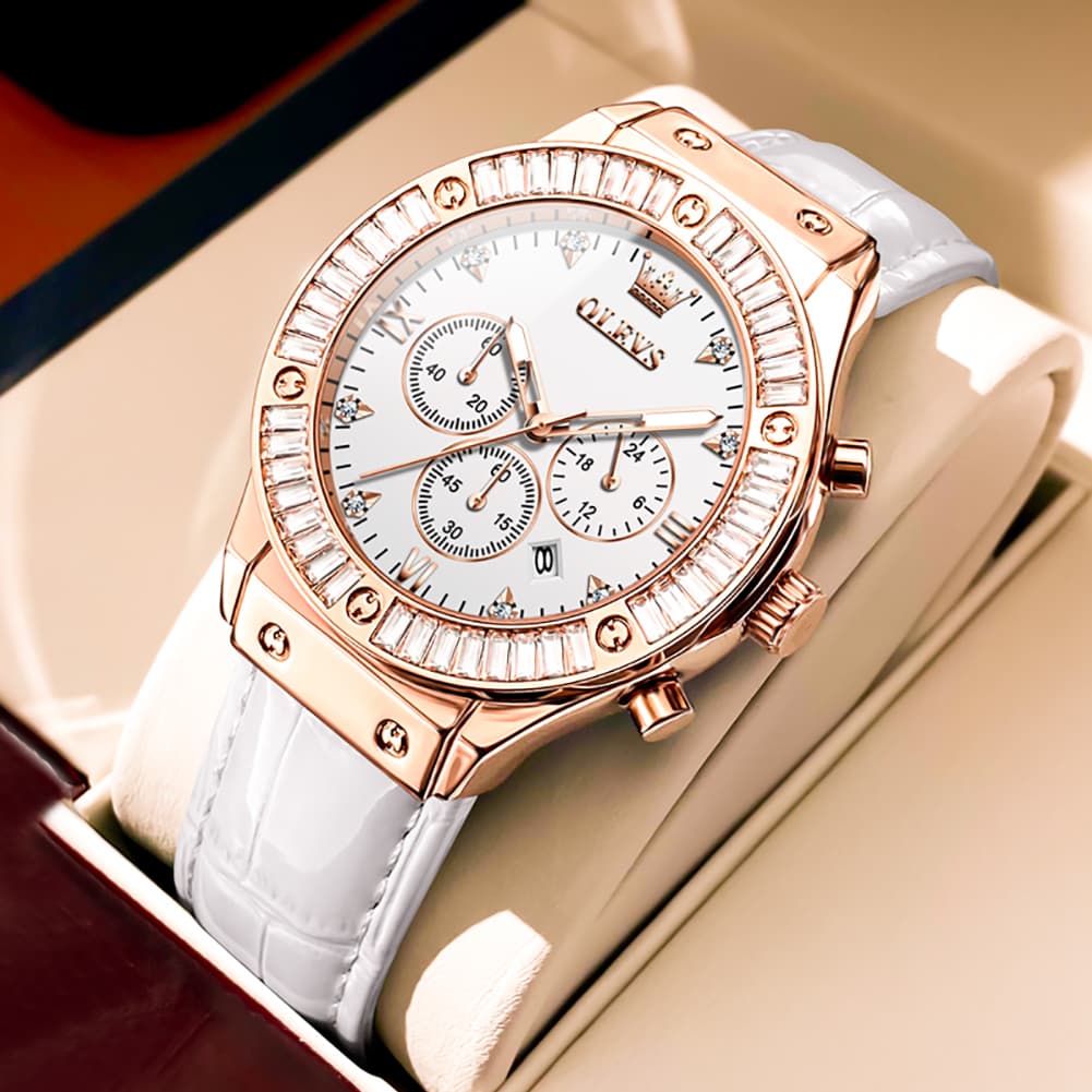 OLEVS 9978 Diamond Bezel Chronograph Leather Watch for Women