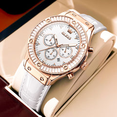 OLEVS 9978 Diamond Bezel Chronograph Leather Watch for Women