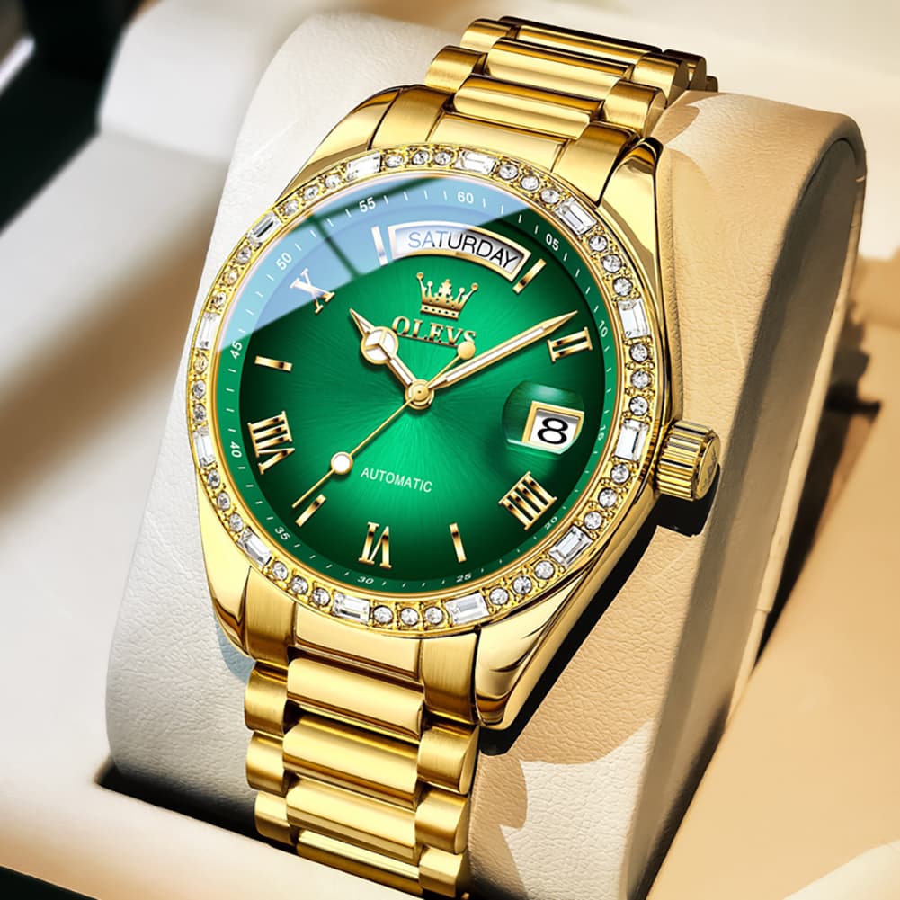 OLEVS 6747 Diamond Bezel Day Date Mechanical Watch for Men