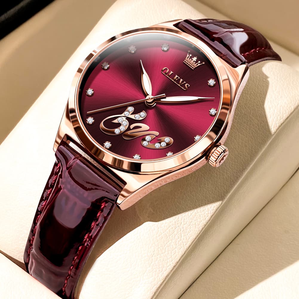 OLEVS 5581 Love Motif Diamond Watch Rose Gold Leather Strap Romantic Gift Timepiece for Women