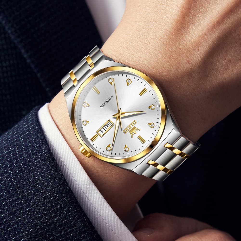 OLEVS Integrated Bracelet Diamond Dial Automatic Watch 9811 Day Date for Men